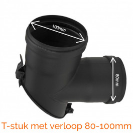 rookkanaal enkelwandig T-stuk+klep 45 graden met verloop Ø80mm-Ø100m pelletkachel | 123rookkanaal