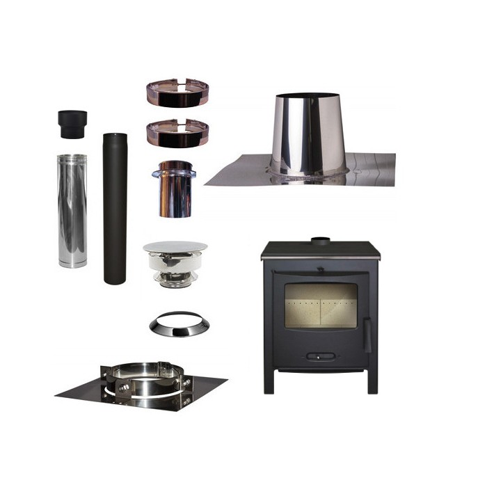 Houtkachel Lacunza SAGRA CP + Set VERANDA plat dak 0-5 graden Ø130mm DINAK met trekkap | 123rookkanaal