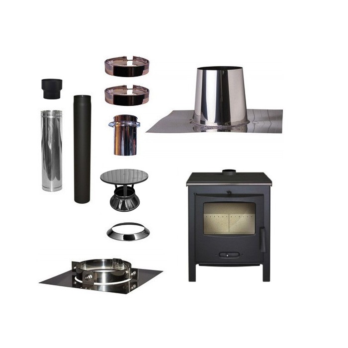 Houtkachel Lacunza SAGRA CP + Set VERANDA plat dak 0-5 graden Ø130mm DINAK met regenkap | 123rookkanaal