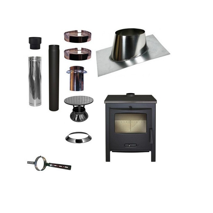 Houtkachel Lacunza SAGRA CP + Set VERANDA schuin dak 5-25 graden Ø130mm DINAK met regenkap | 123rookkanaal
