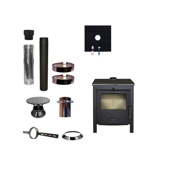 Houtkachel Lacunza Sagra CP + set EPDM rookkanaal Ø130mm DINAK met regenkap | 123rookkanaal