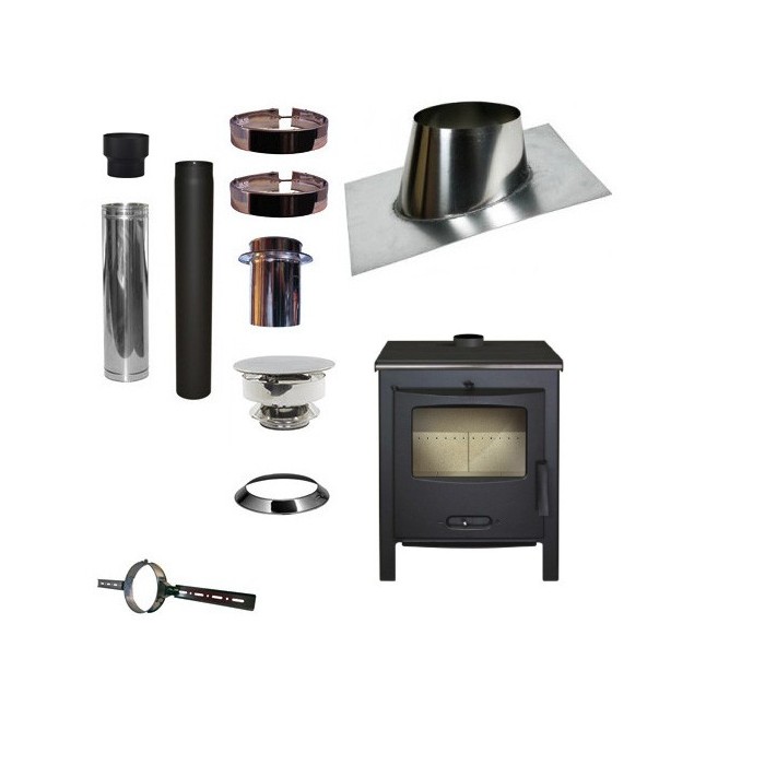 Houtkachel Lacunza SAGRA CP + Set VERANDA schuin dak 5-25 graden Ø130mm DINAK met trekkap | 123rookkanaal