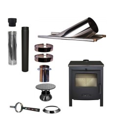 Houtkachel Lacunza Sagra CP + Set KAPSCHUUR loodslab 46-60 graden Ø130mm DINAK met regenkap | 123rookkanaal