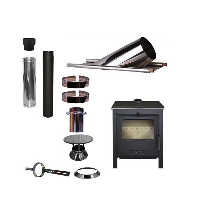 Houtkachel Lacunza Sagra CP + Set KAPSCHUUR loodslab 46-60 graden Ø130mm DINAK met regenkap | 123rookkanaal
