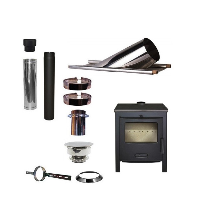 Houtkachel Lacunza Sagra CP + Set KAPSCHUUR loodslab 46-60 graden Ø130mm DINAK met trekkap | 123rookkanaal