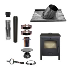 Houtkachel Lacunza Sagra CP + Set KAPSCHUUR loodslab 5-30 graden Ø130mm DINAK met regenkap | 123rookkanaal