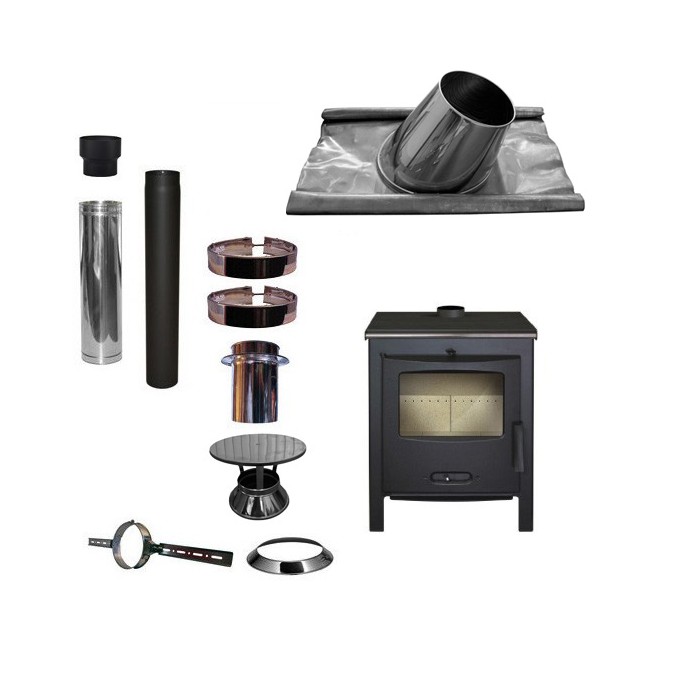 Houtkachel Lacunza Sagra CP + Set KAPSCHUUR loodslab 5-30 graden Ø130mm DINAK met regenkap | 123rookkanaal