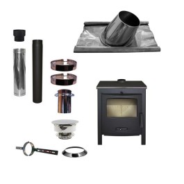 Houtkachel Lacunza Sagra CP + Set KAPSCHUUR loodslab 5-30 graden Ø130mm DINAK met trekkap | 123rookkanaal