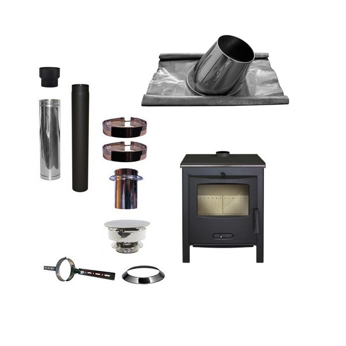 Houtkachel Lacunza Sagra CP + Set KAPSCHUUR loodslab 5-30 graden Ø130mm DINAK met trekkap | 123rookkanaal