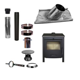 Houtkachel Lacunza Sagra CP + Set KAPSCHUUR loodslab 30-45 graden Ø130mm DINAK met regenkap | 123rookkanaal