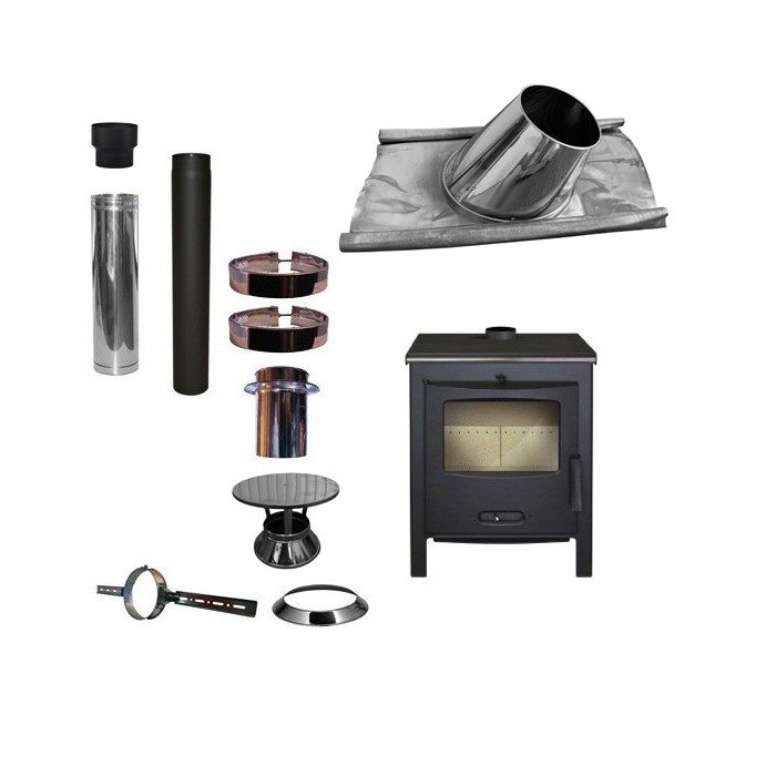 Houtkachel Lacunza Sagra CP + Set KAPSCHUUR loodslab 30-45 graden Ø130mm DINAK met regenkap | 123rookkanaal