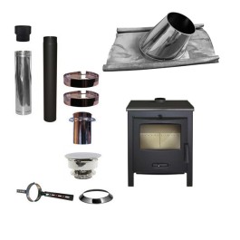 Houtkachel Lacunza Sagra CP + Set KAPSCHUUR loodslab 30-45 graden Ø130mm DINAK met trekkap | 123rookkanaal