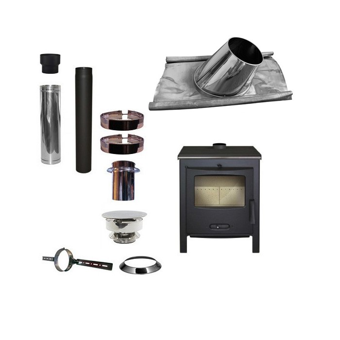 Houtkachel Lacunza Sagra CP + Set KAPSCHUUR loodslab 30-45 graden Ø130mm DINAK met trekkap | 123rookkanaal